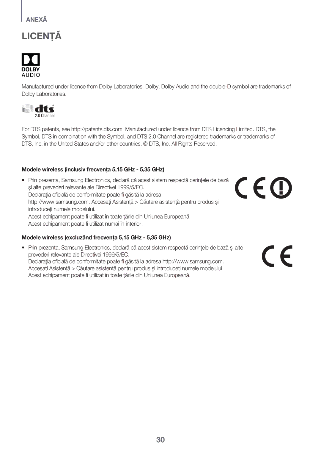 Samsung HW-K335/EN, HW-K335/ZG manual Licenţă, Modele wireless inclusiv frecvenţa 5,15 GHz 5,35 GHz 