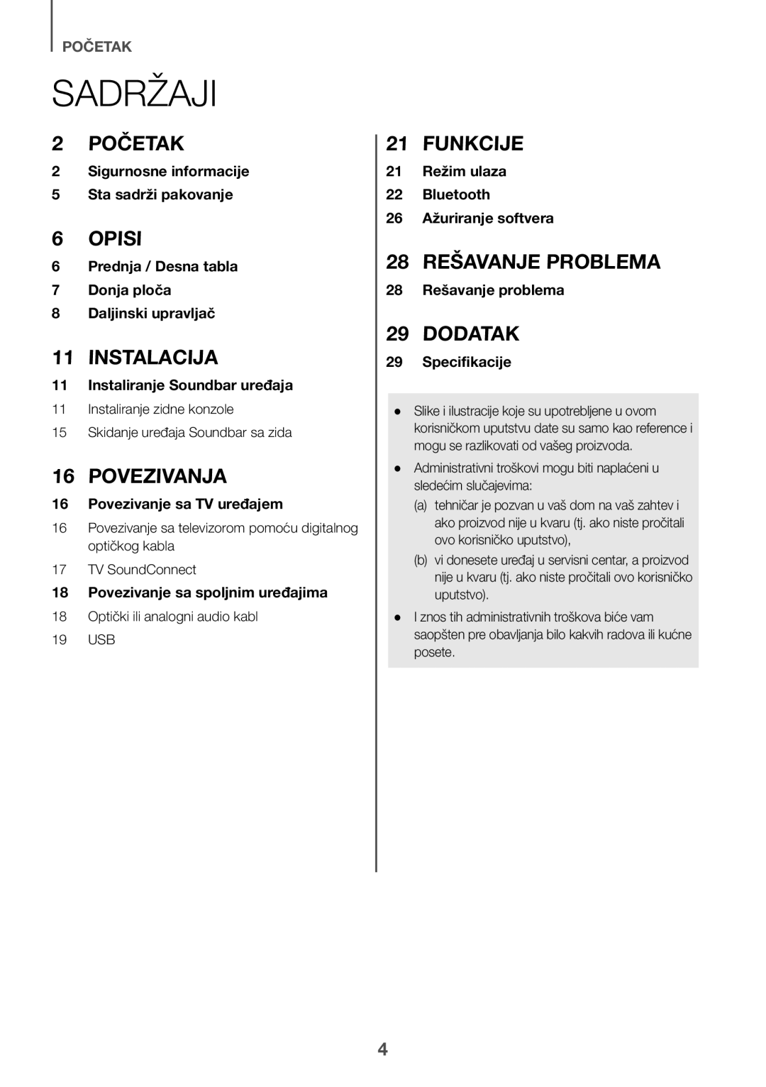 Samsung HW-K335/ZG, HW-K335/EN manual Sadržaji, Optički ili analogni audio kabl 19 USB 