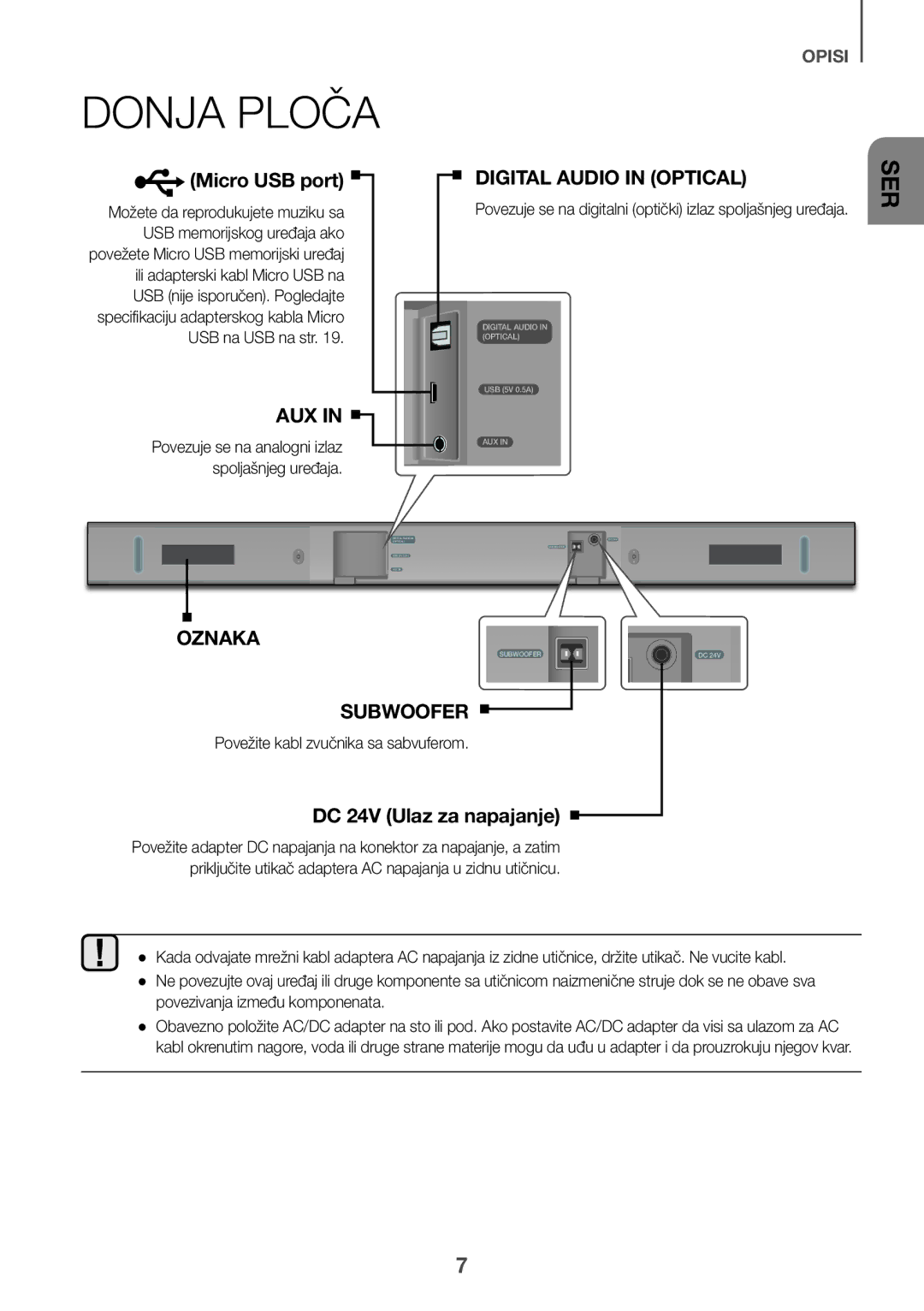 Samsung HW-K335/EN, HW-K335/ZG manual DC 24V Ulaz za napajanje, Povežite kabl zvučnika sa sabvuferom 