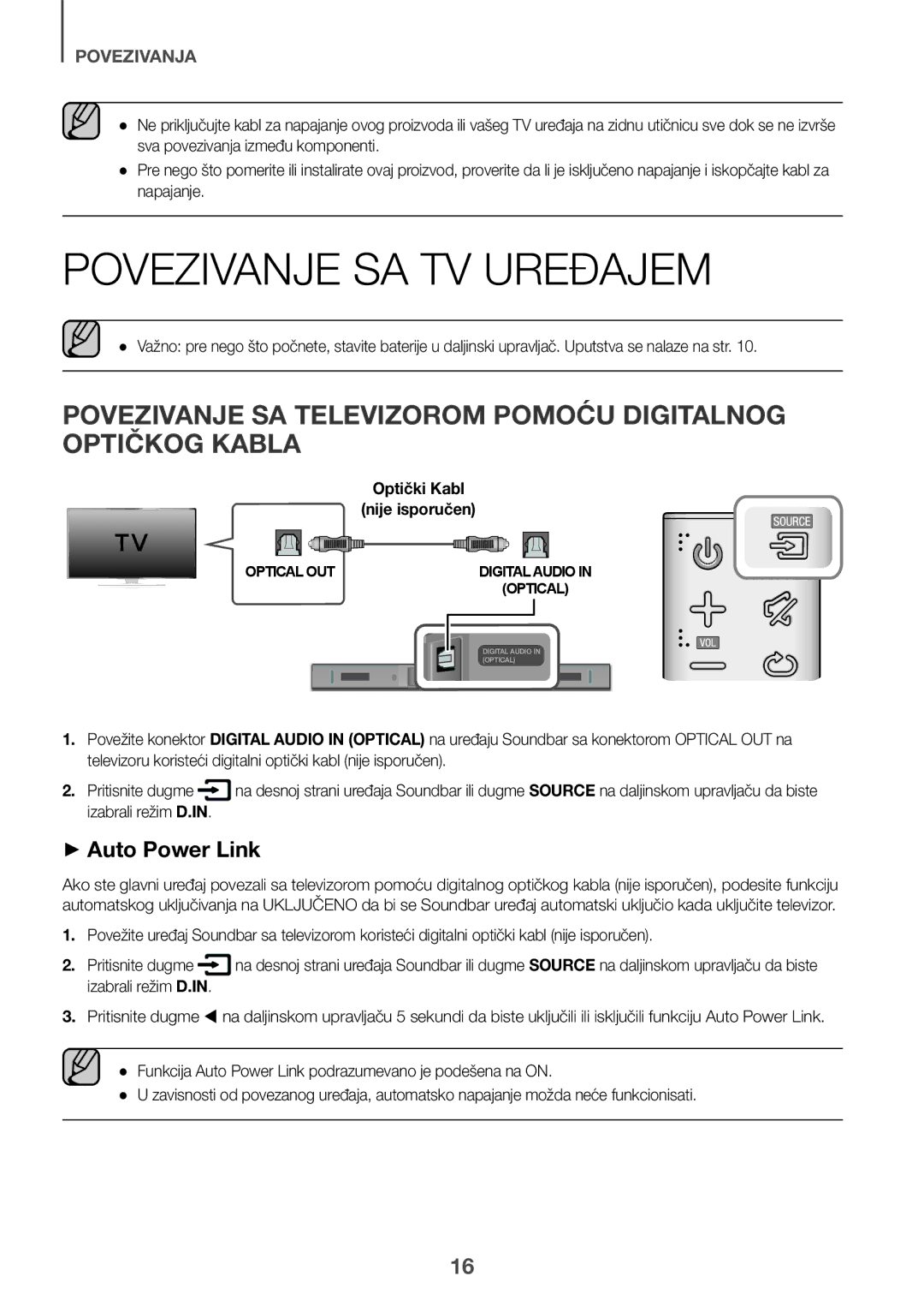 Samsung HW-K335/ZG, HW-K335/EN Povezivanje SA TV Uređajem, Povezivanje SA Televizorom Pomoću Digitalnog Optičkog Kabla 