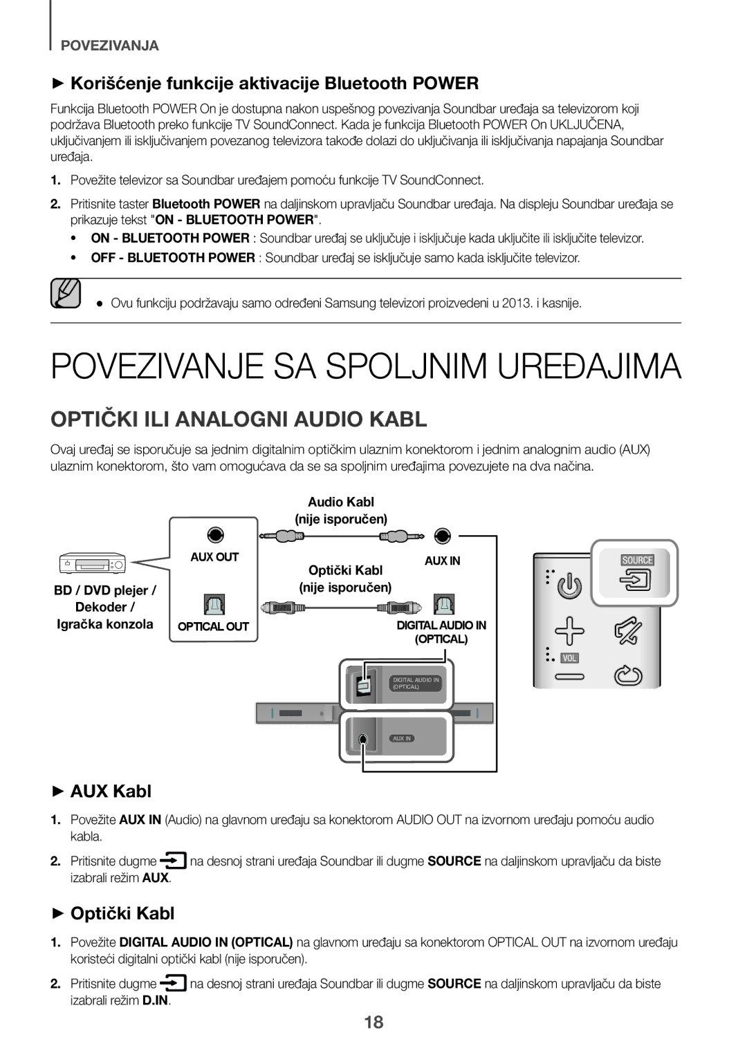 Samsung HW-K335/ZG manual Optički ILI Analogni Audio Kabl, ++Korišćenje funkcije aktivacije Bluetooth Power, ++AUX Kabl 