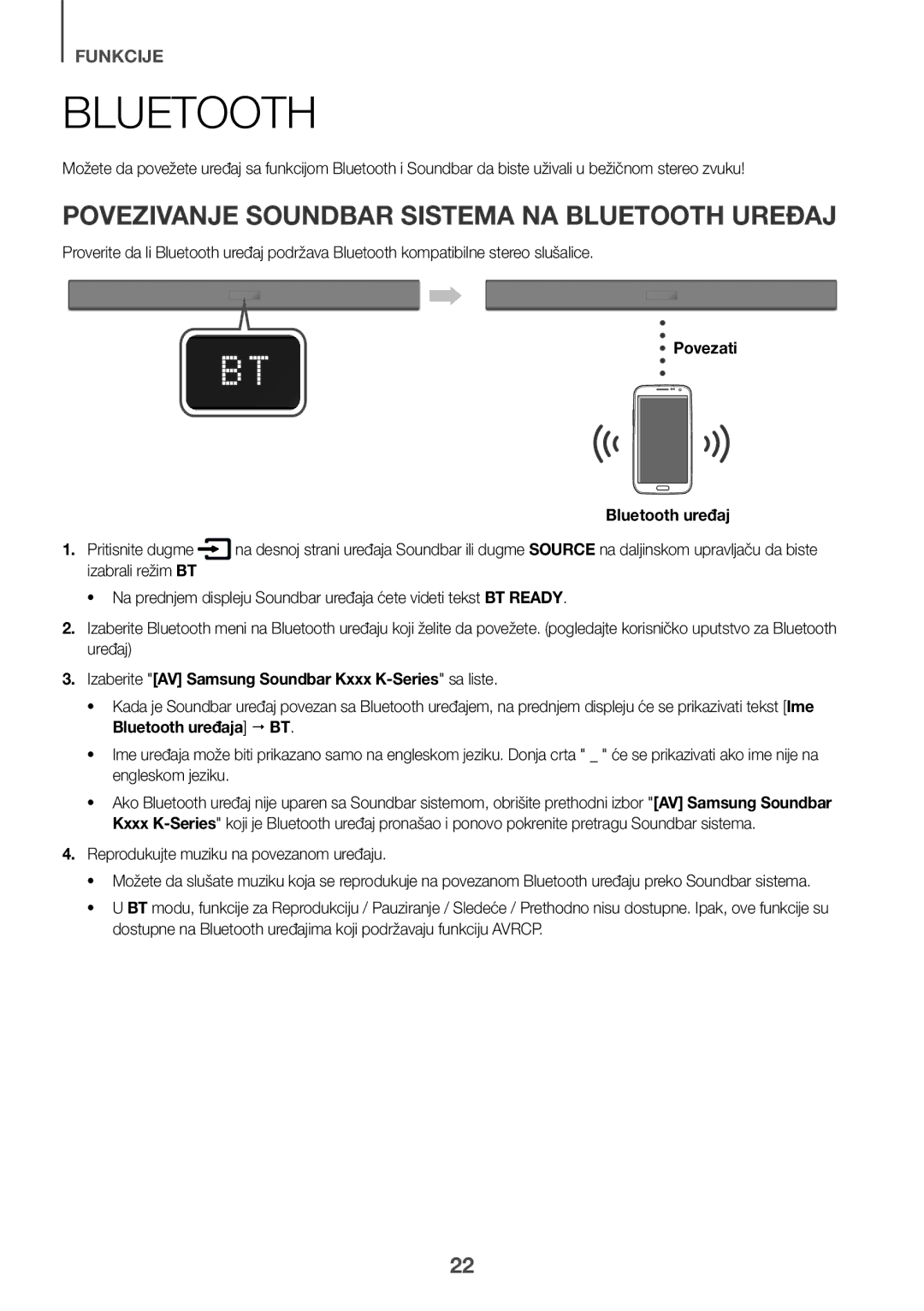 Samsung HW-K335/ZG manual Povezivanje Soundbar Sistema NA Bluetooth Uređaj, Povezati Bluetooth uređaj Pritisnite dugme 