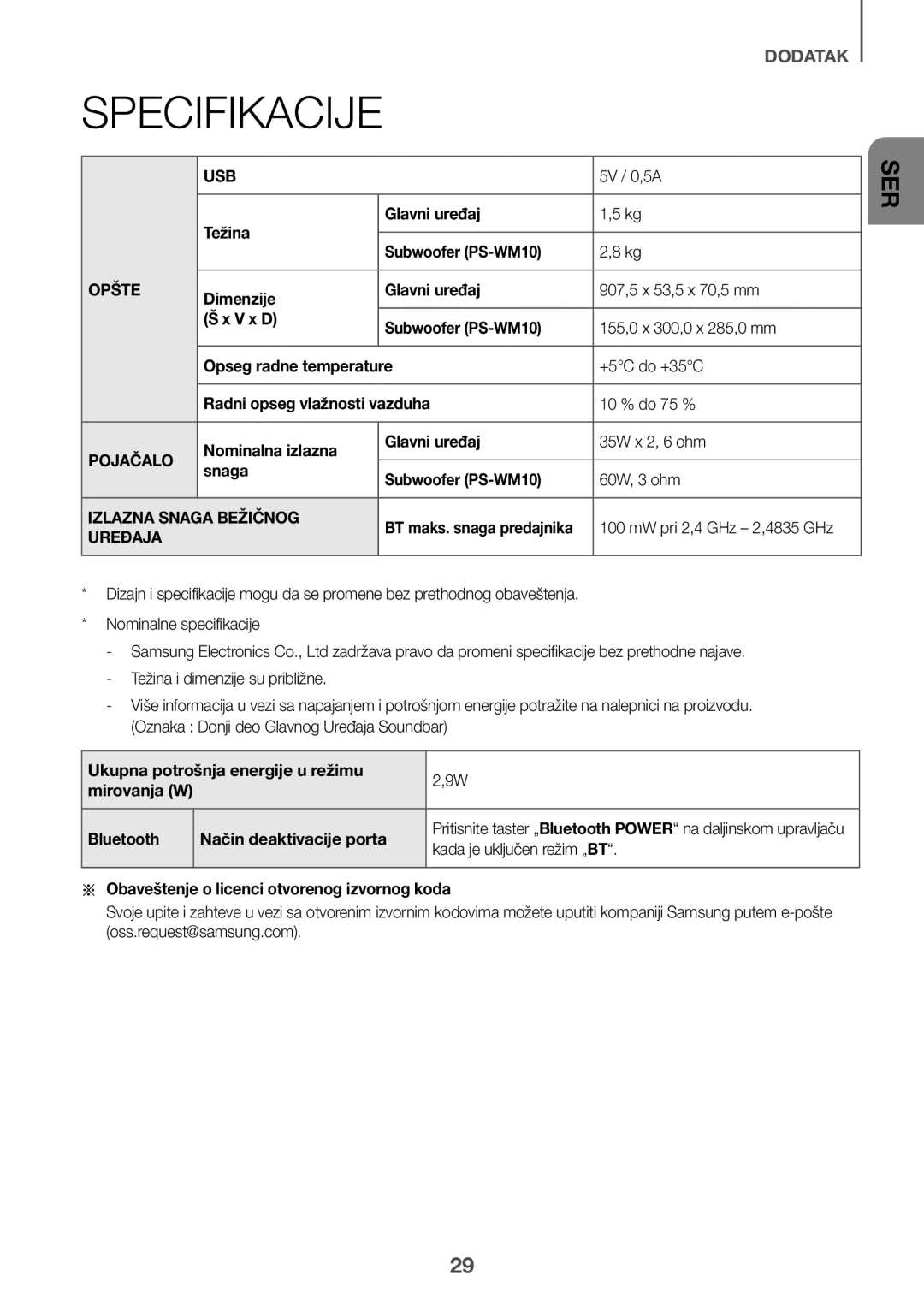 Samsung HW-K335/EN, HW-K335/ZG manual Specifikacije, Opšte 