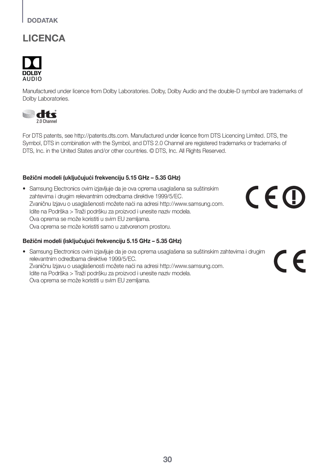 Samsung HW-K335/ZG, HW-K335/EN manual Bežični modeli uključujući frekvenciju 5.15 GHz 5.35 GHz 