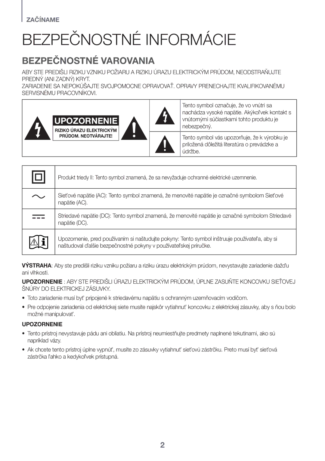 Samsung HW-K335/EN, HW-K335/ZG manual Bezpečnostné Informácie, Bezpečnostné Varovania, Upozornenie 