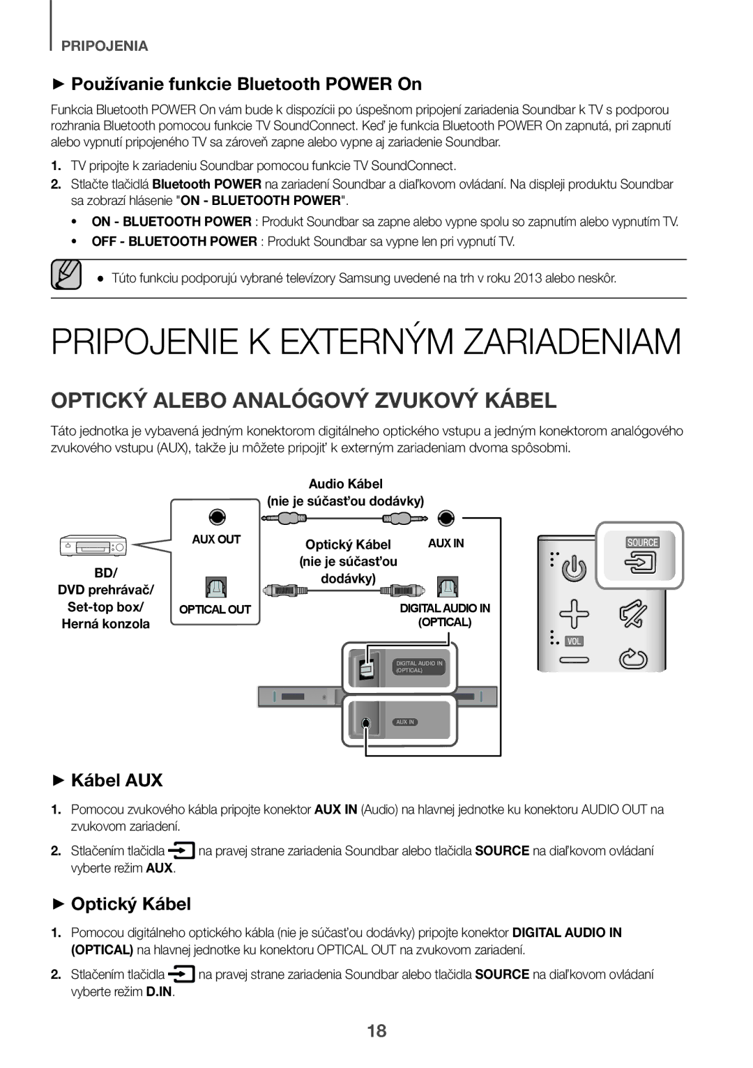 Samsung HW-K335/EN manual Optický Alebo Analógový Zvukový Kábel, ++Používanie funkcie Bluetooth Power On, ++Optický Kábel 