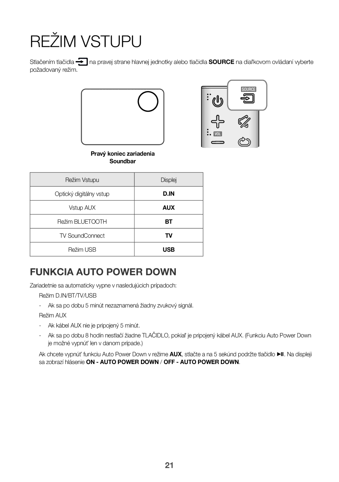 Samsung HW-K335/ZG, HW-K335/EN manual Funkcia Auto Power Down, Režim Vstupu Displej 