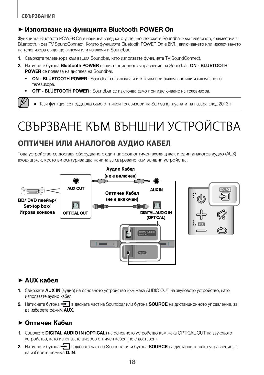 Samsung HW-K335/EN, HW-K335/ZG Оптичен ИЛИ Аналогов Аудио Кабел, ++Използване на функцията Bluetooth Power On, ++AUX кабел 