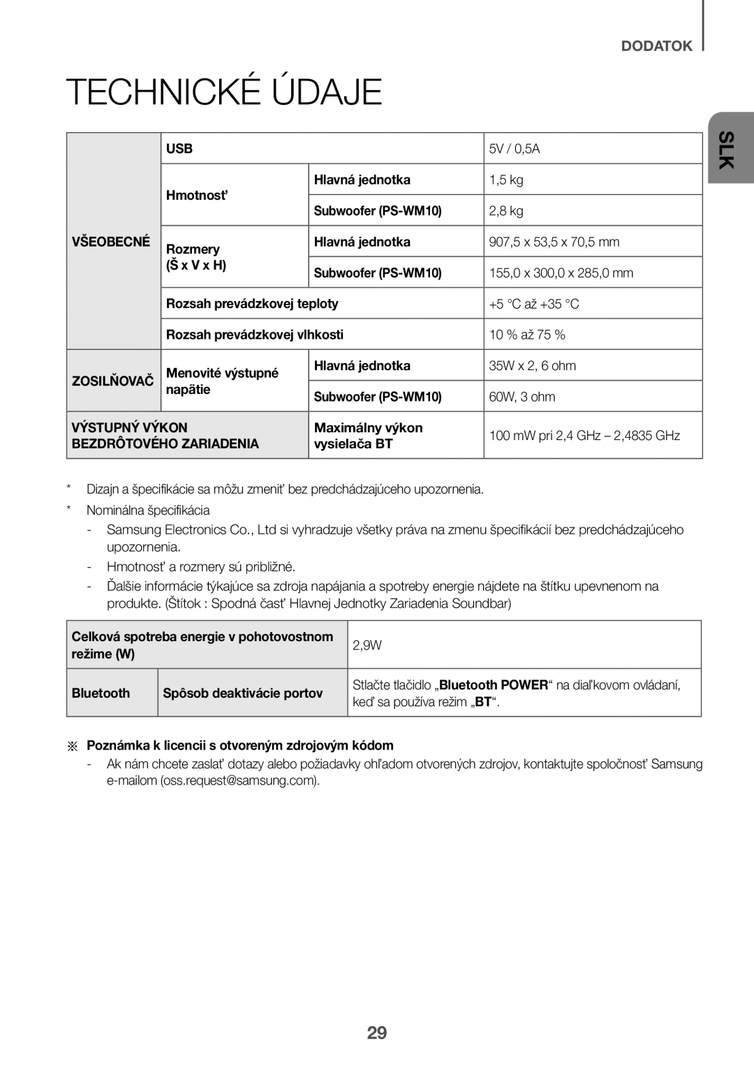 Samsung HW-K335/ZG, HW-K335/EN manual Všeobecné, Výstupný Výkon, Bezdrôtového Zariadenia 