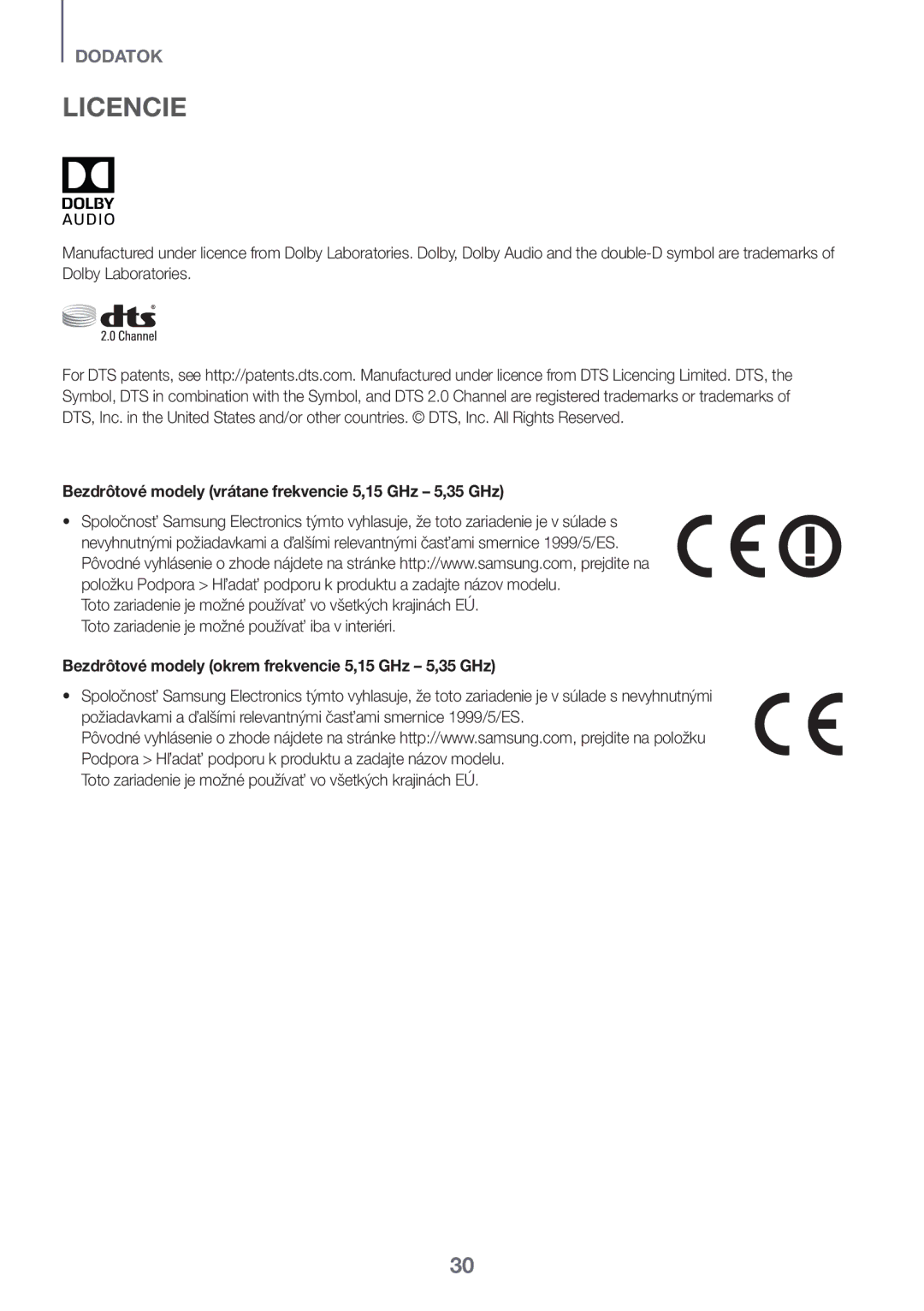 Samsung HW-K335/EN, HW-K335/ZG manual Licencie, Bezdrôtové modely vrátane frekvencie 5,15 GHz 5,35 GHz 