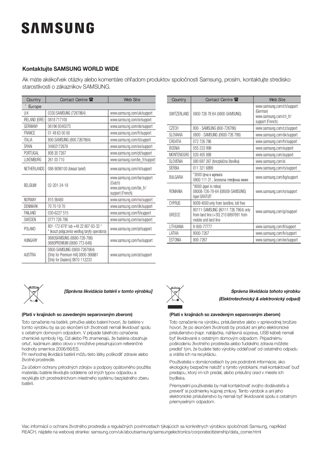 Samsung HW-K335/ZG, HW-K335/EN manual Kontaktujte Samsung World Wide, Správna likvidácia batérií v tomto výrobku 