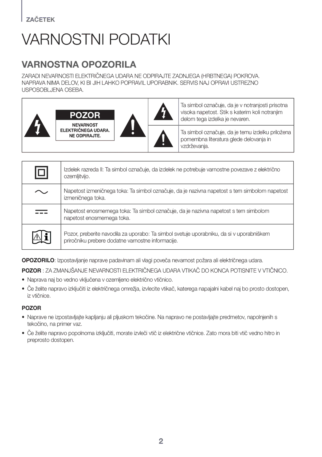 Samsung HW-K335/ZG, HW-K335/EN manual Varnostni Podatki, Varnostna Opozorila, Pozor 