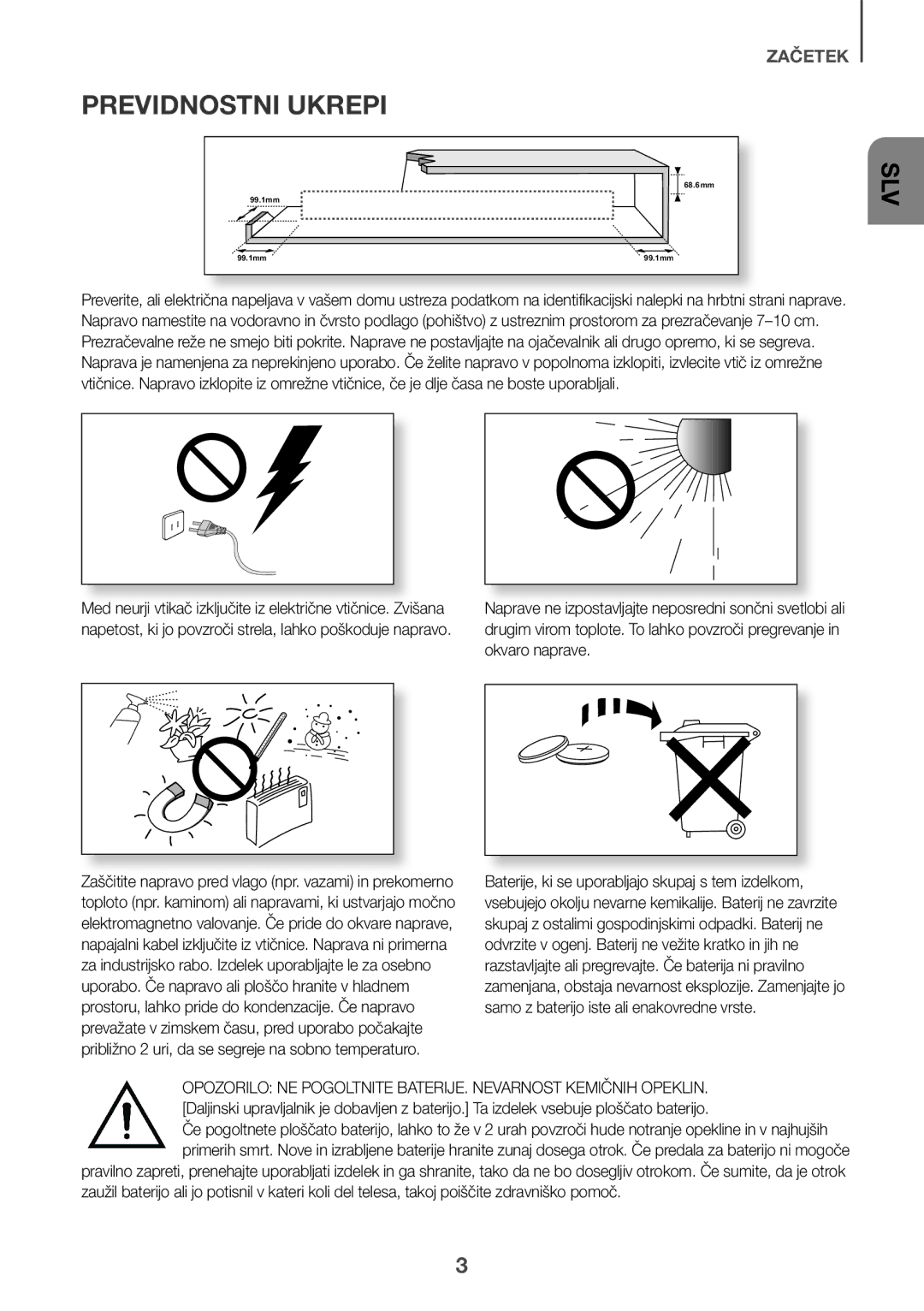 Samsung HW-K335/EN, HW-K335/ZG manual Previdnostni Ukrepi, Slv 