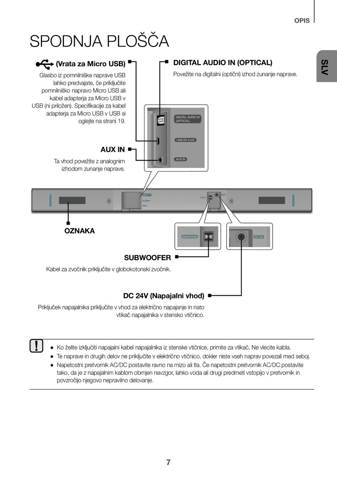 Samsung HW-K335/EN, HW-K335/ZG manual Spodnja Plošča, Vrata za Micro USB, DC 24V Napajalni vhod 