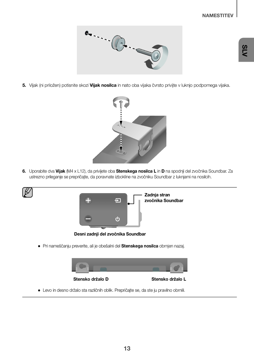 Samsung HW-K335/EN, HW-K335/ZG manual Desni zadnji del zvočnika Soundbar, Stensko držalo D 