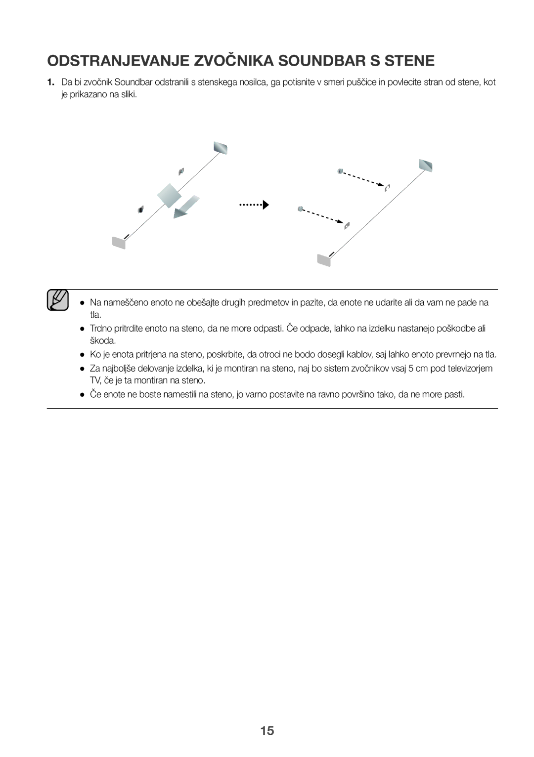 Samsung HW-K335/EN, HW-K335/ZG manual Odstranjevanje Zvočnika Soundbar S Stene, TV, če je ta montiran na steno 