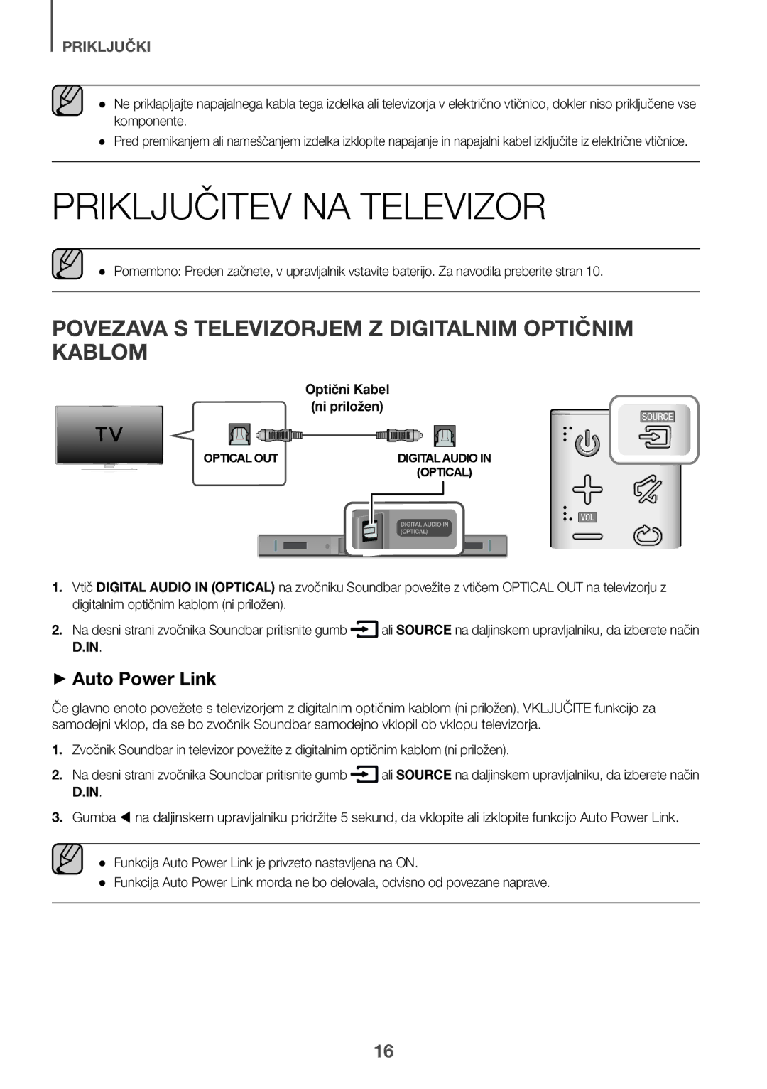 Samsung HW-K335/ZG, HW-K335/EN manual Priključitev NA Televizor, Povezava S Televizorjem Z Digitalnim Optičnim Kablom 