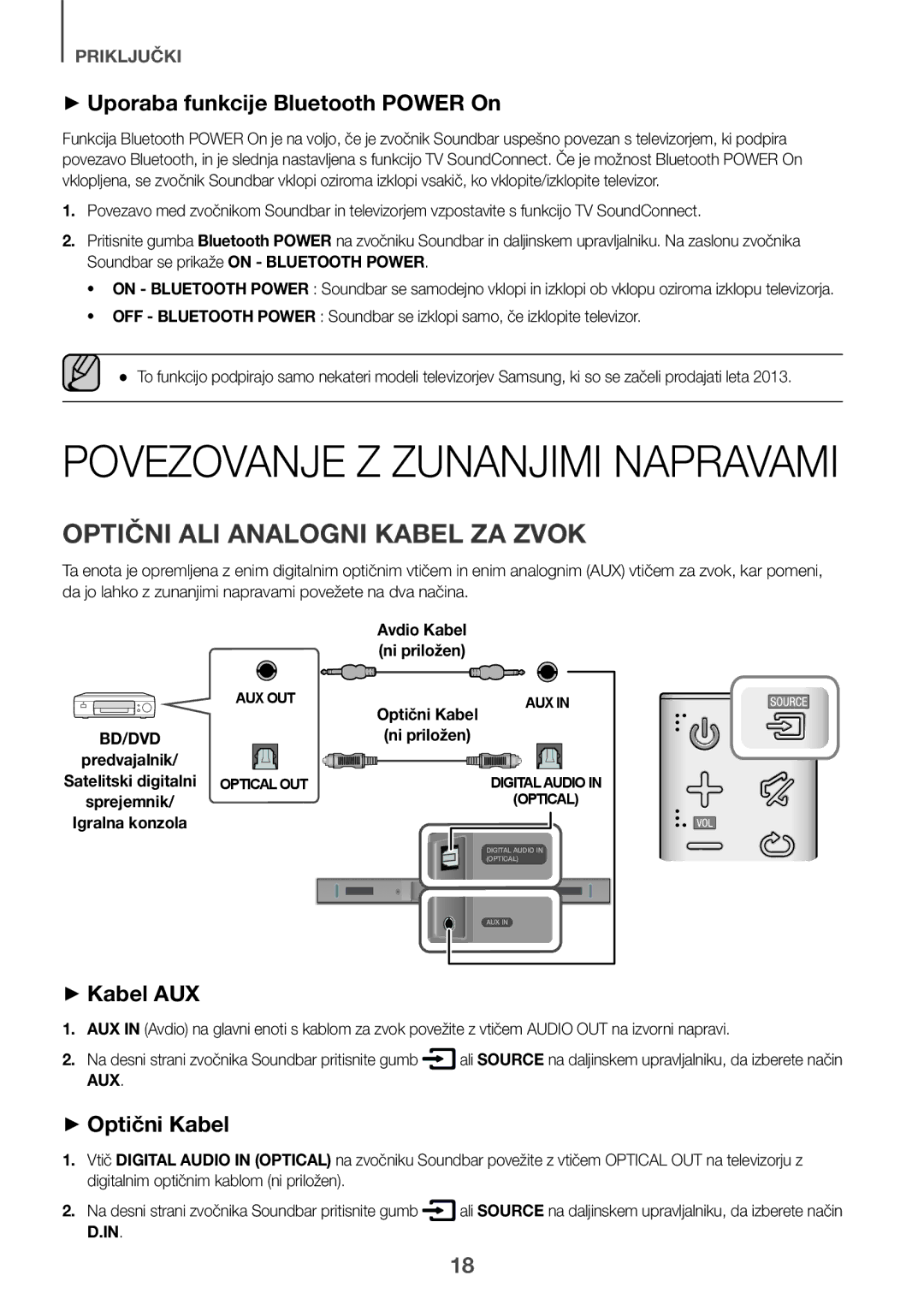 Samsung HW-K335/ZG, HW-K335/EN Optični ALI Analogni Kabel ZA Zvok, ++Uporaba funkcije Bluetooth Power On, ++Optični Kabel 