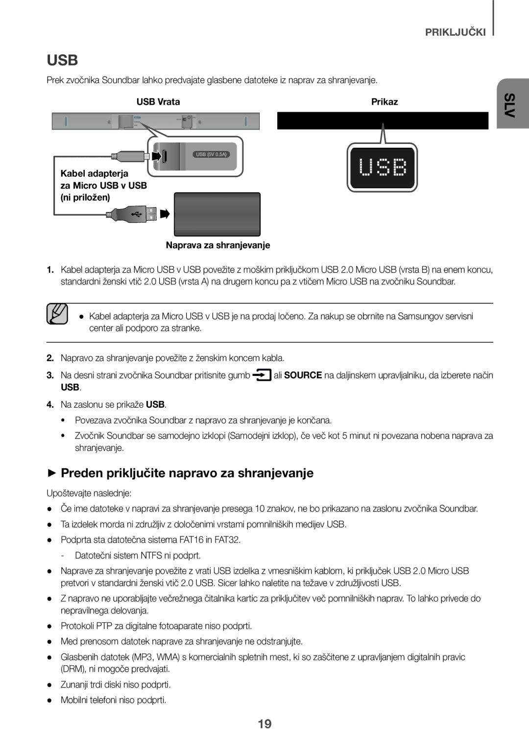 Samsung HW-K335/EN ++Preden priključite napravo za shranjevanje, USB Vrata, Kabel adapterja Za Micro USB v USB ni priložen 