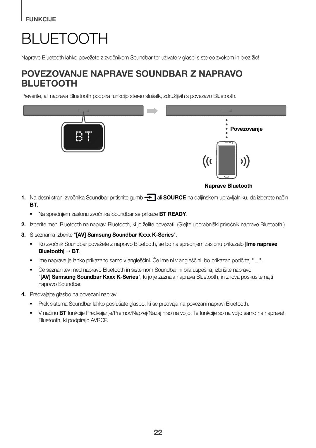 Samsung HW-K335/ZG, HW-K335/EN manual Povezovanje Naprave Soundbar Z Napravo Bluetooth, Povezovanje Naprave Bluetooth 