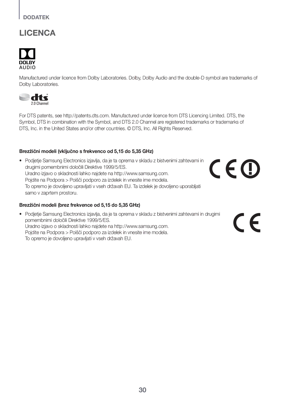 Samsung HW-K335/ZG, HW-K335/EN manual Brezžični modeli vključno s frekvenco od 5,15 do 5,35 GHz 