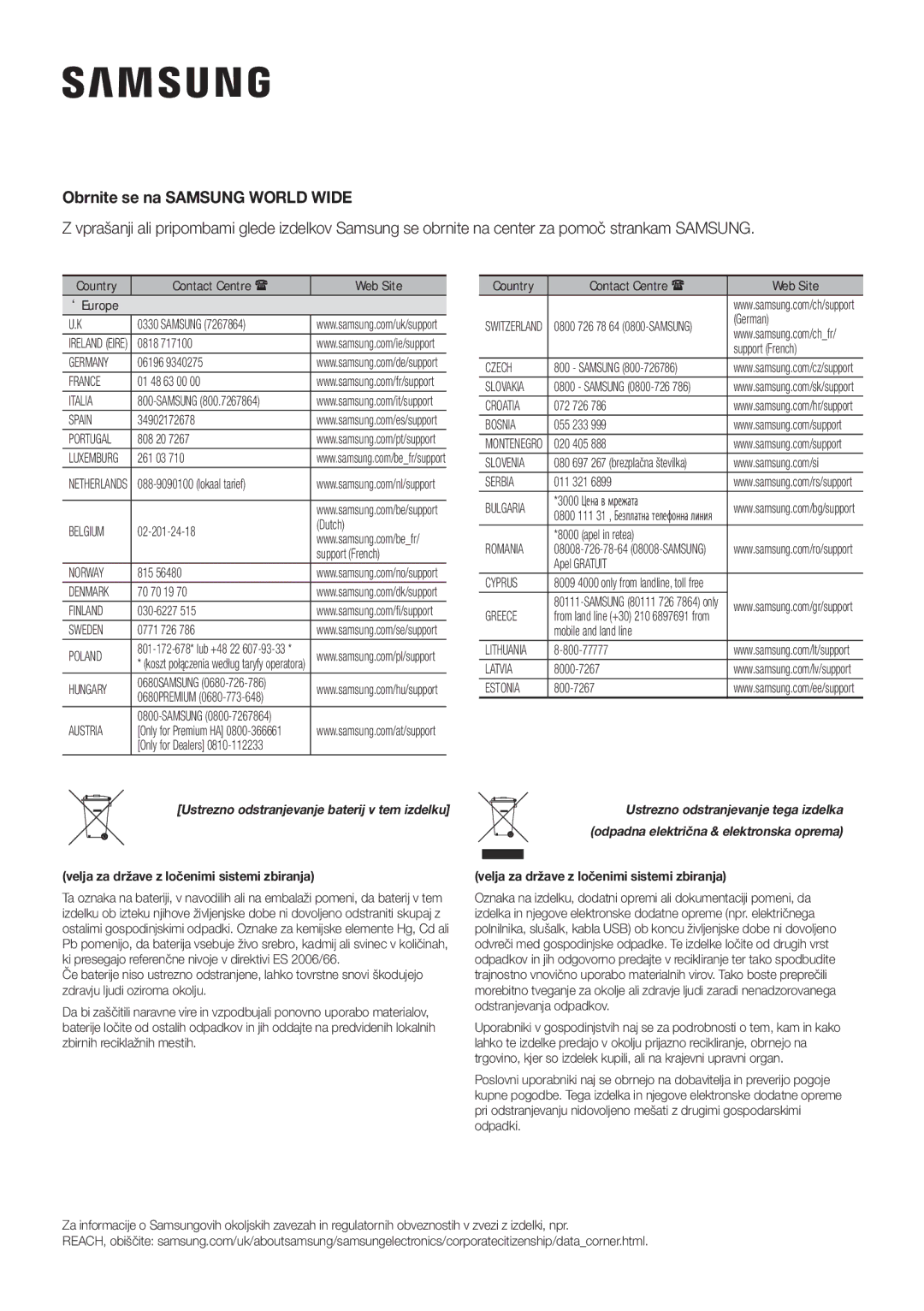 Samsung HW-K335/EN, HW-K335/ZG manual Obrnite se na Samsung World Wide, Velja za države z ločenimi sistemi zbiranja 