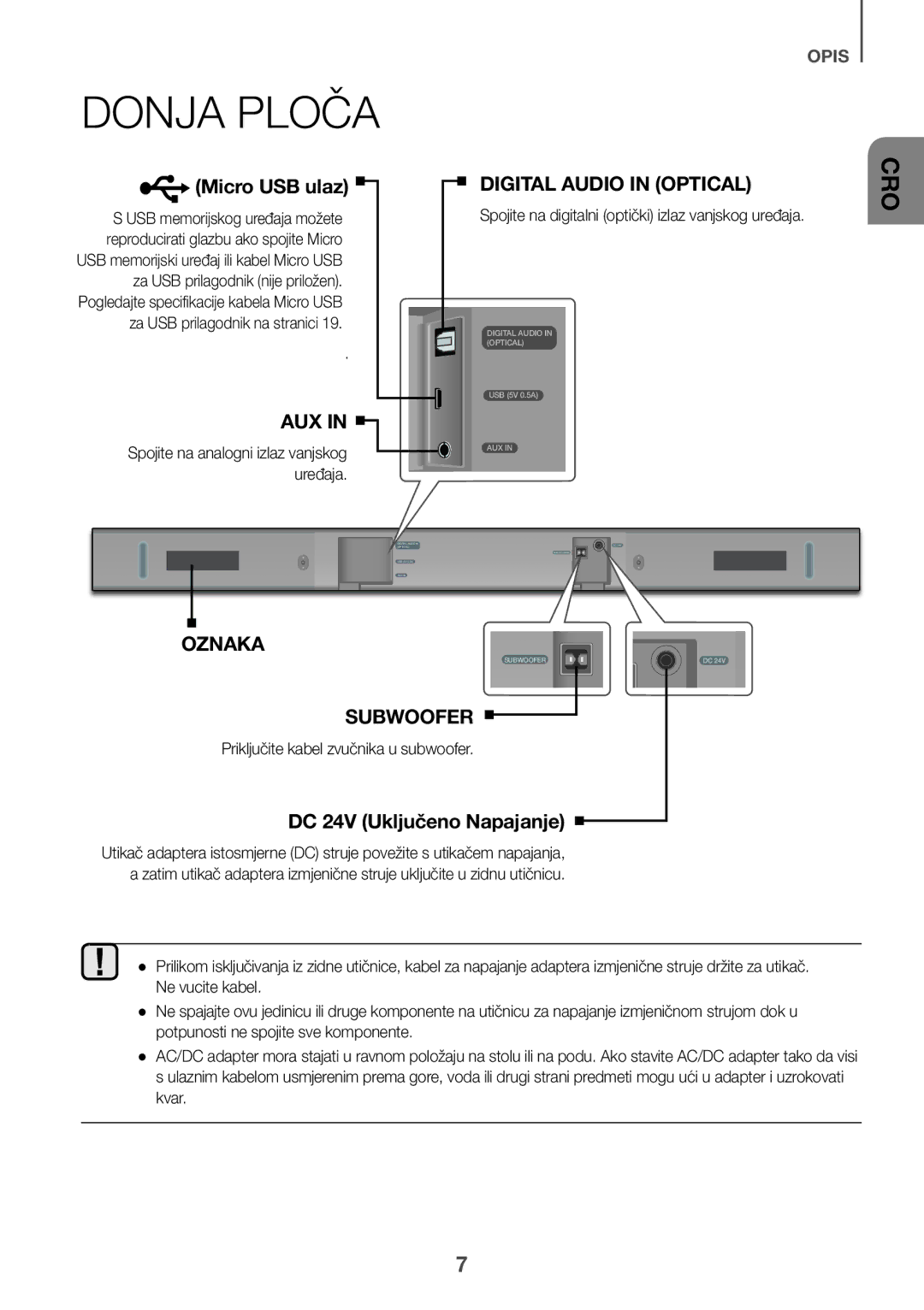 Samsung HW-K335/EN manual Donja Ploča, Micro USB ulaz, DC 24V Uključeno Napajanje, Priključite kabel zvučnika u subwoofer 