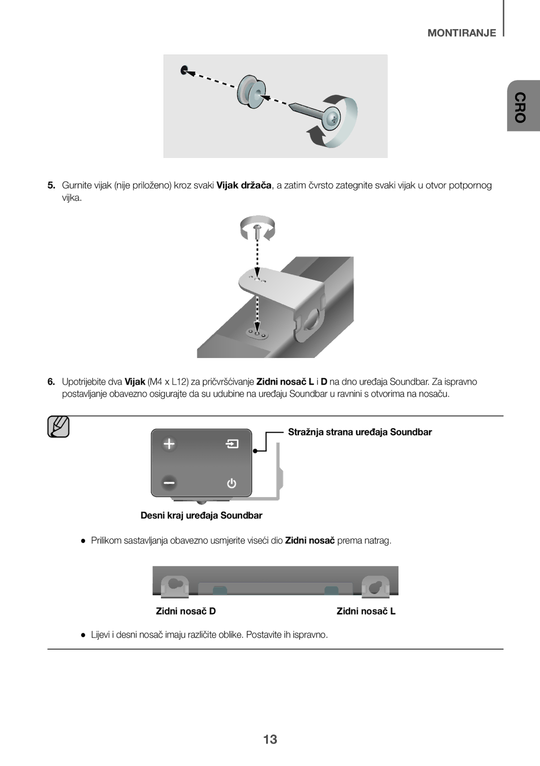 Samsung HW-K335/EN, HW-K335/ZG manual Stražnja strana uređaja Soundbar Desni kraj uređaja Soundbar, Zidni nosač D 