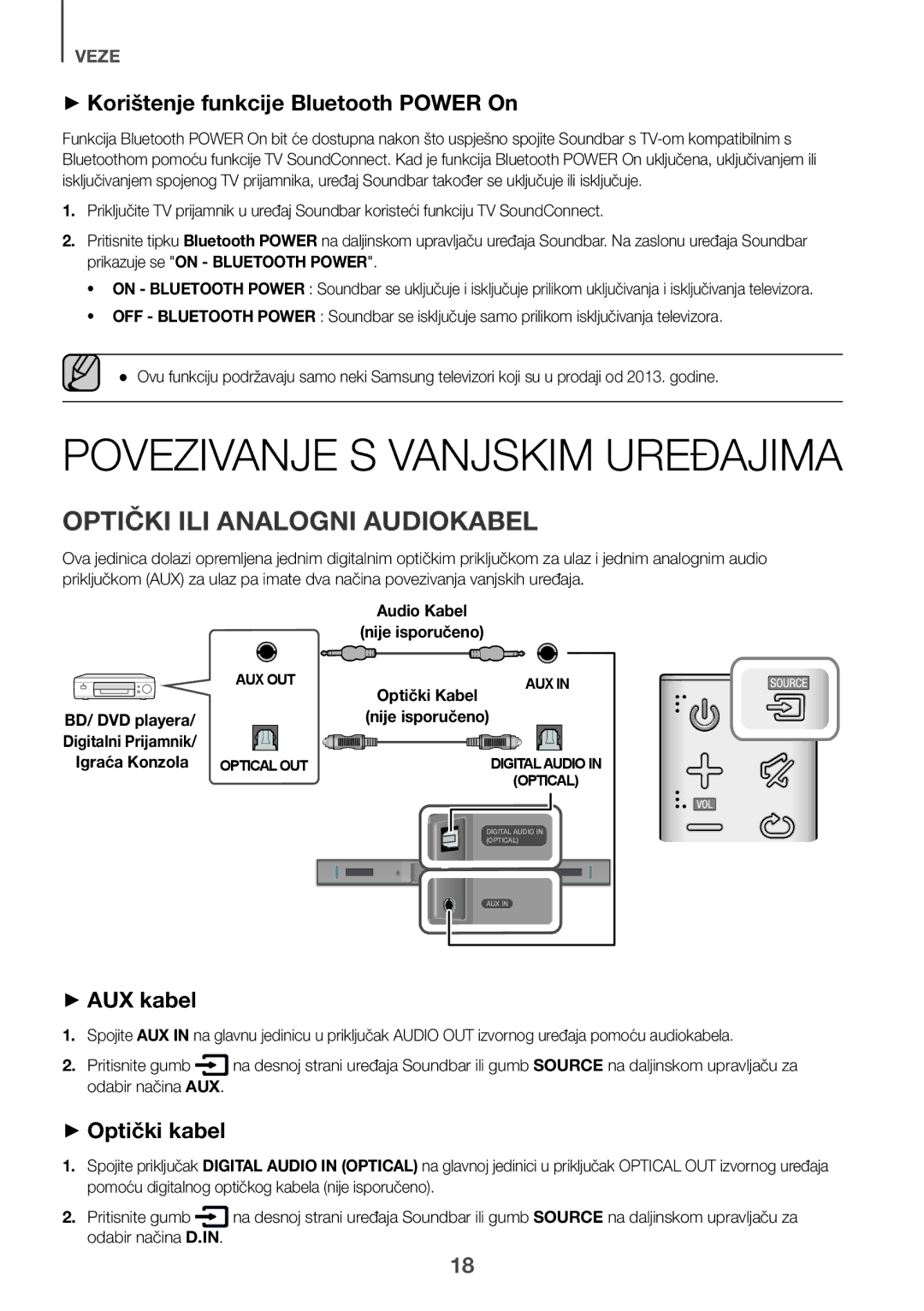 Samsung HW-K335/ZG manual Povezivanje S Vanjskim Uređajima, Optički ILI Analogni Audiokabel, ++AUX kabel, ++Optički kabel 