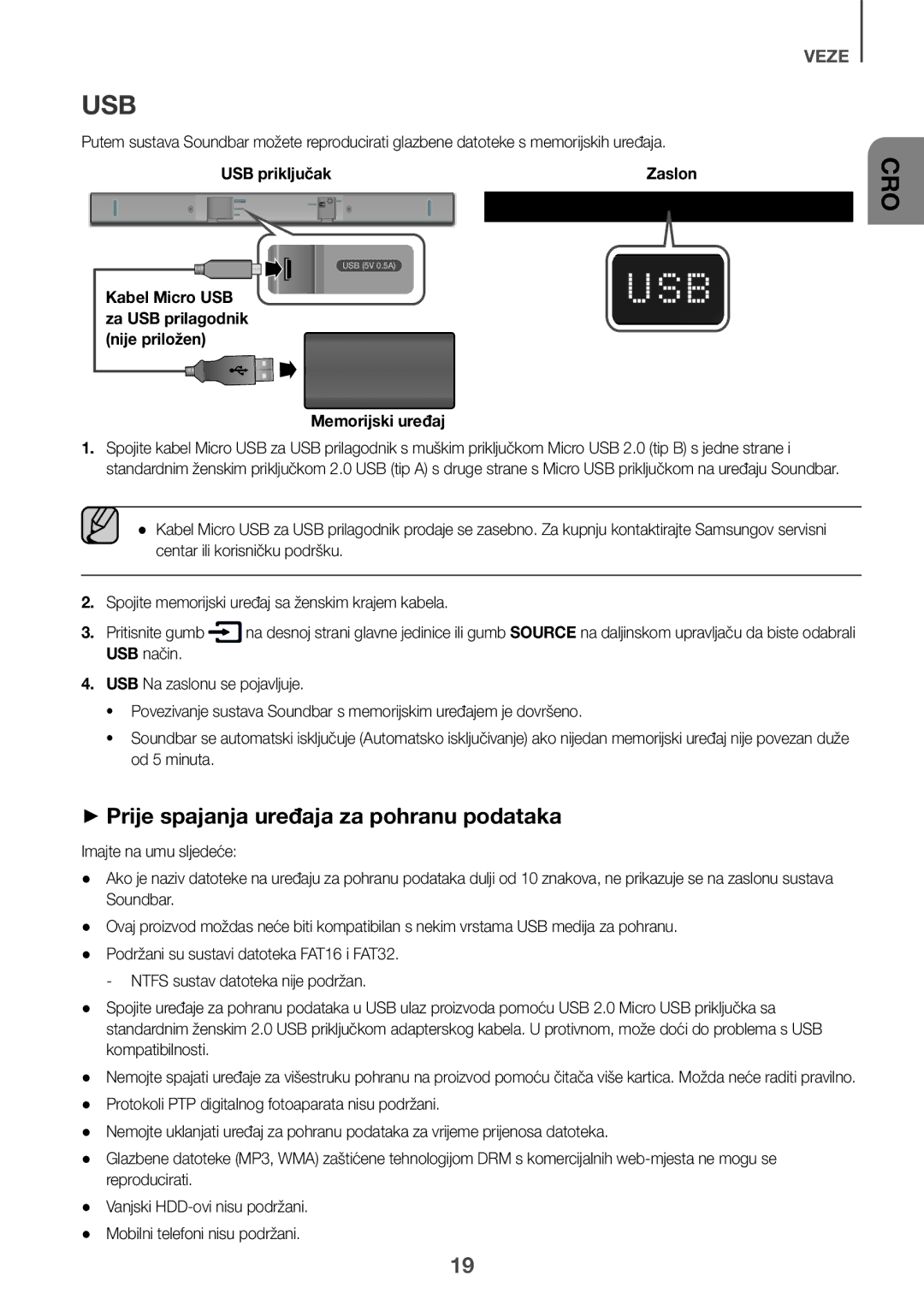 Samsung HW-K335/EN, HW-K335/ZG manual ++Prije spajanja uređaja za pohranu podataka, USB priključak, Memorijski uređaj 