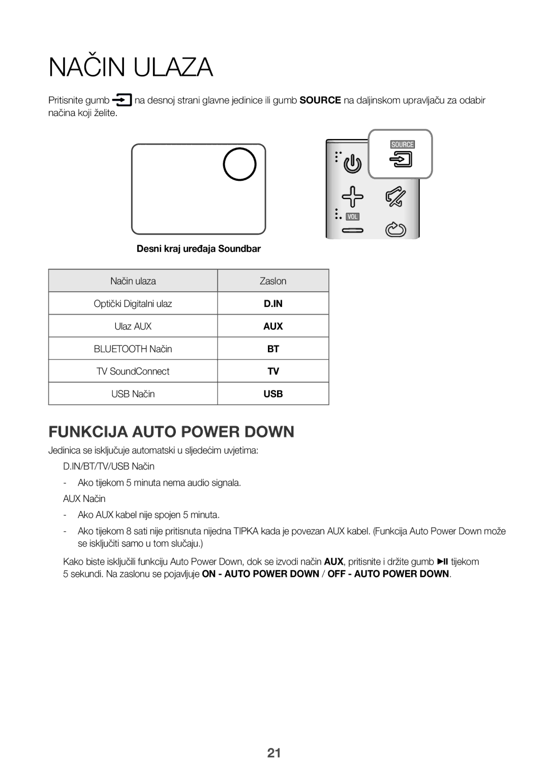 Samsung HW-K335/EN, HW-K335/ZG manual Način Ulaza, Funkcija Auto Power Down, Načina koji želite, Način ulaza Zaslon 