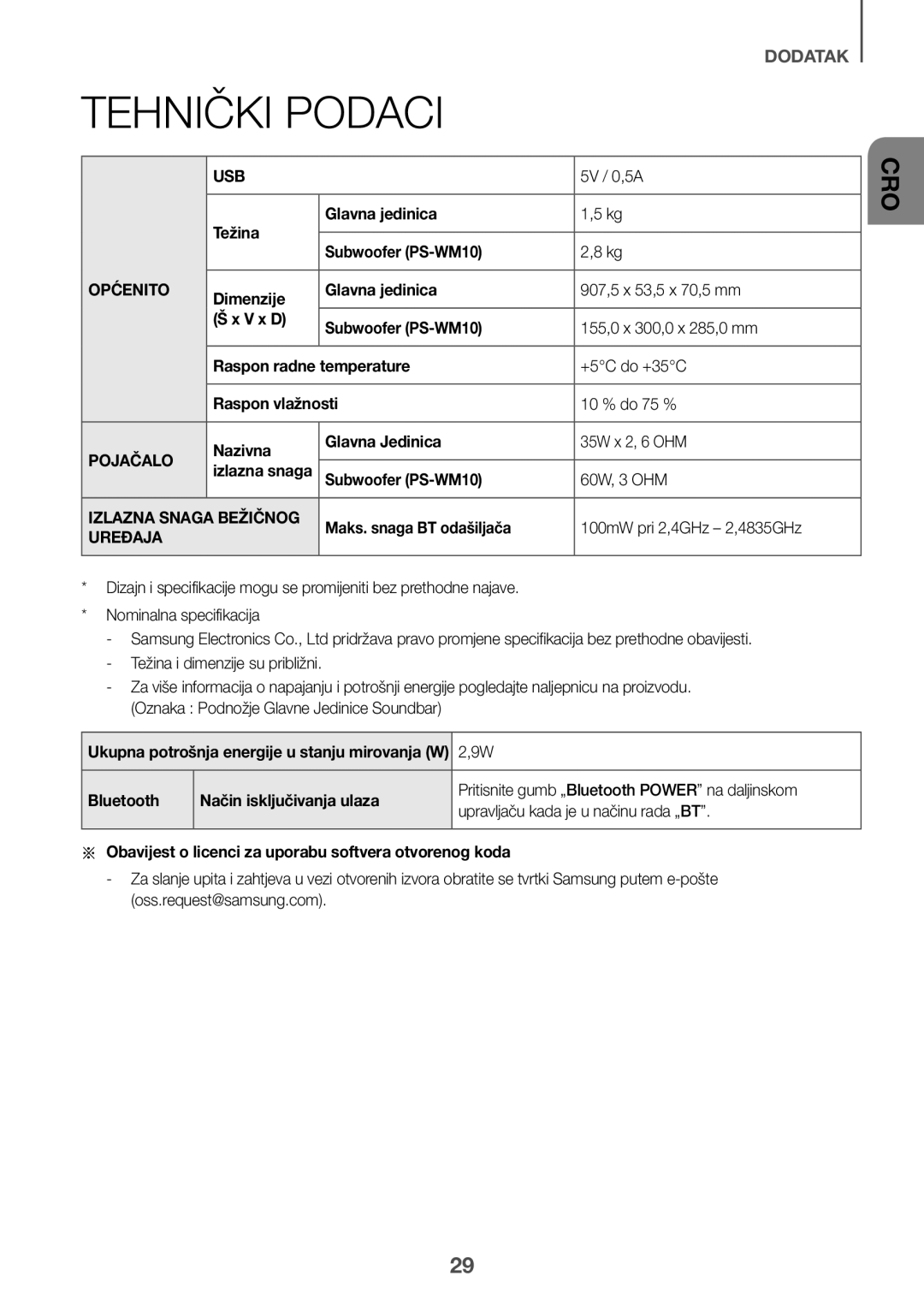 Samsung HW-K335/EN, HW-K335/ZG manual Tehnički Podaci, Općenito, Pojačalo, Izlazna Snaga Bežičnog, Uređaja 