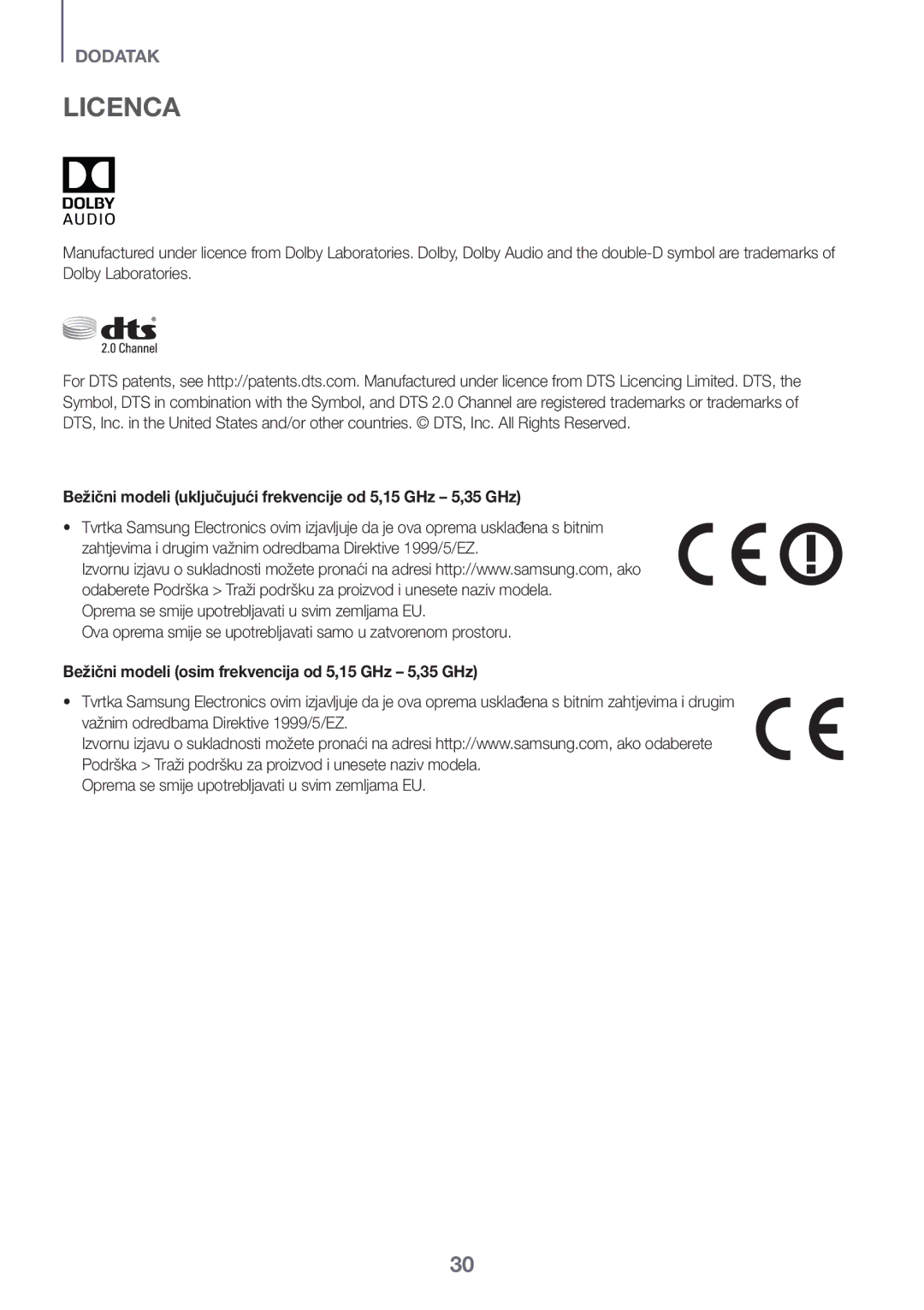 Samsung HW-K335/ZG, HW-K335/EN manual Licenca, Bežični modeli uključujući frekvencije od 5,15 GHz 5,35 GHz 