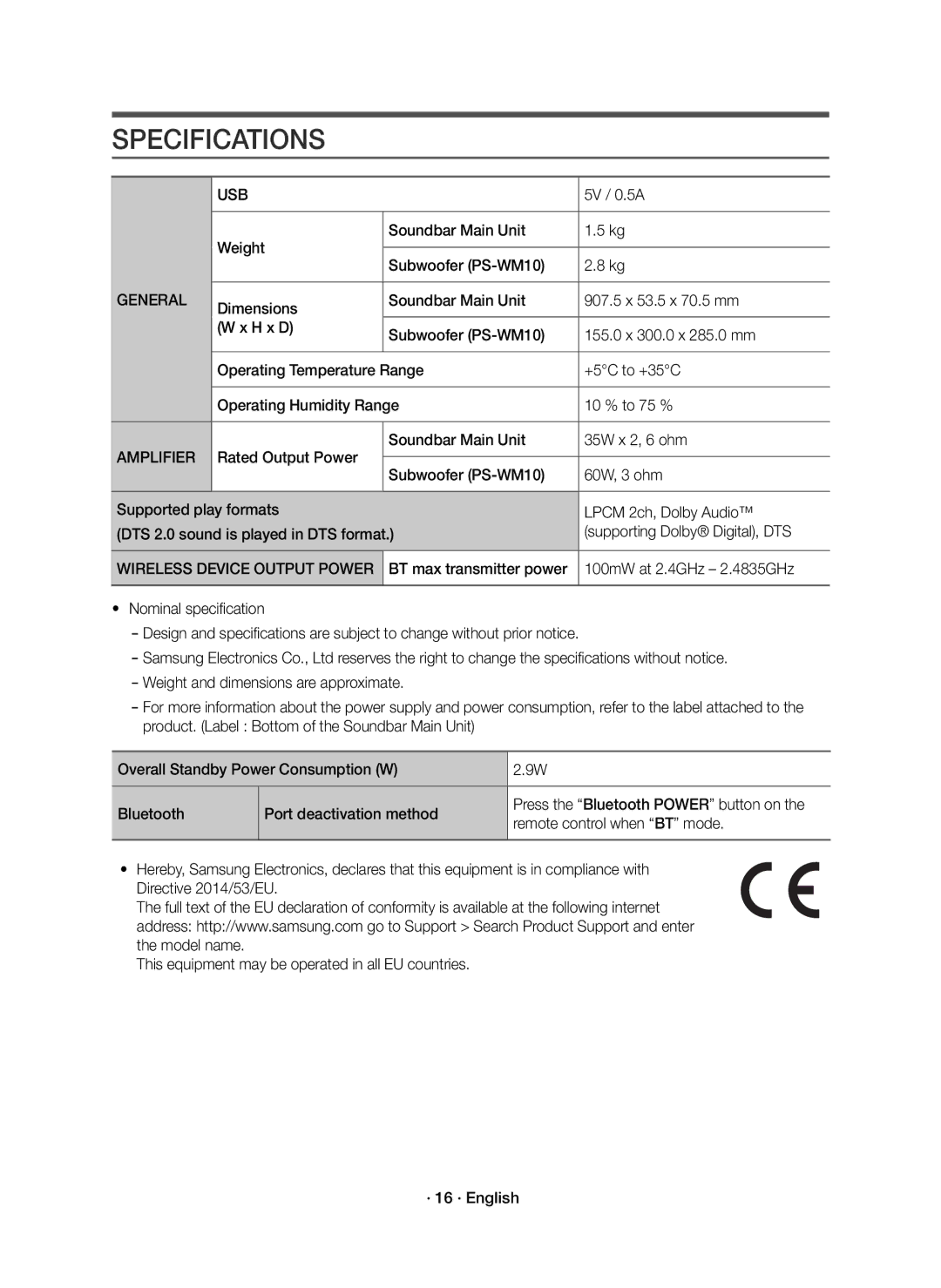 Samsung HW-K335/ZG, HW-K335/ZF manual Specifications, Usb, General, Amplifier, Wireless Device Output Power 