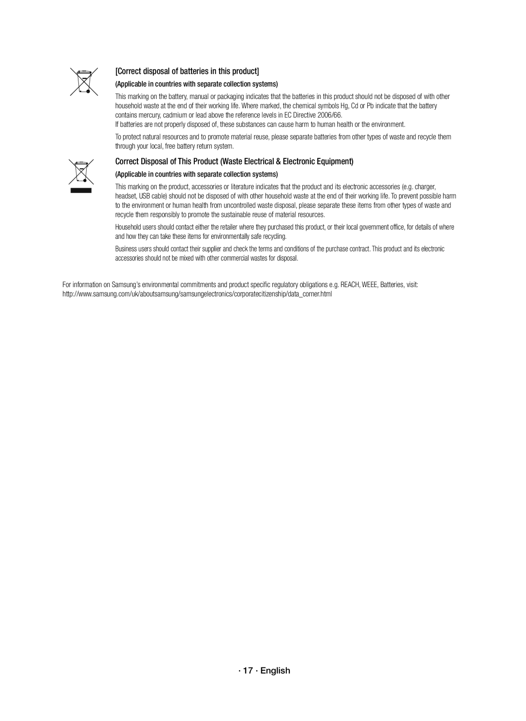 Samsung HW-K335/ZF, HW-K335/ZG manual Correct disposal of batteries in this product, · 17 · English 