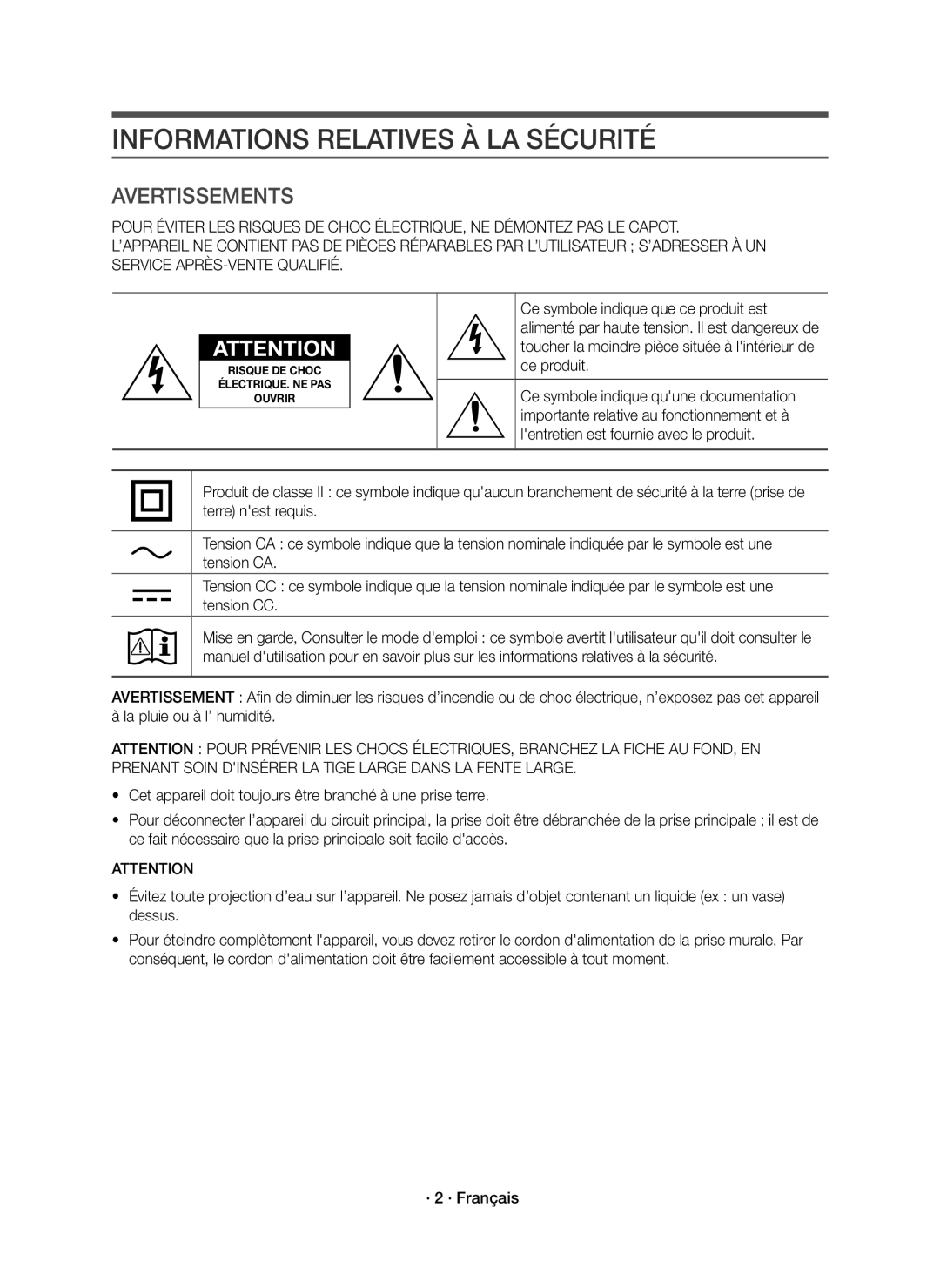 Samsung HW-K335/ZG, HW-K335/ZF manual Informations Relatives À LA Sécurité, Avertissements 