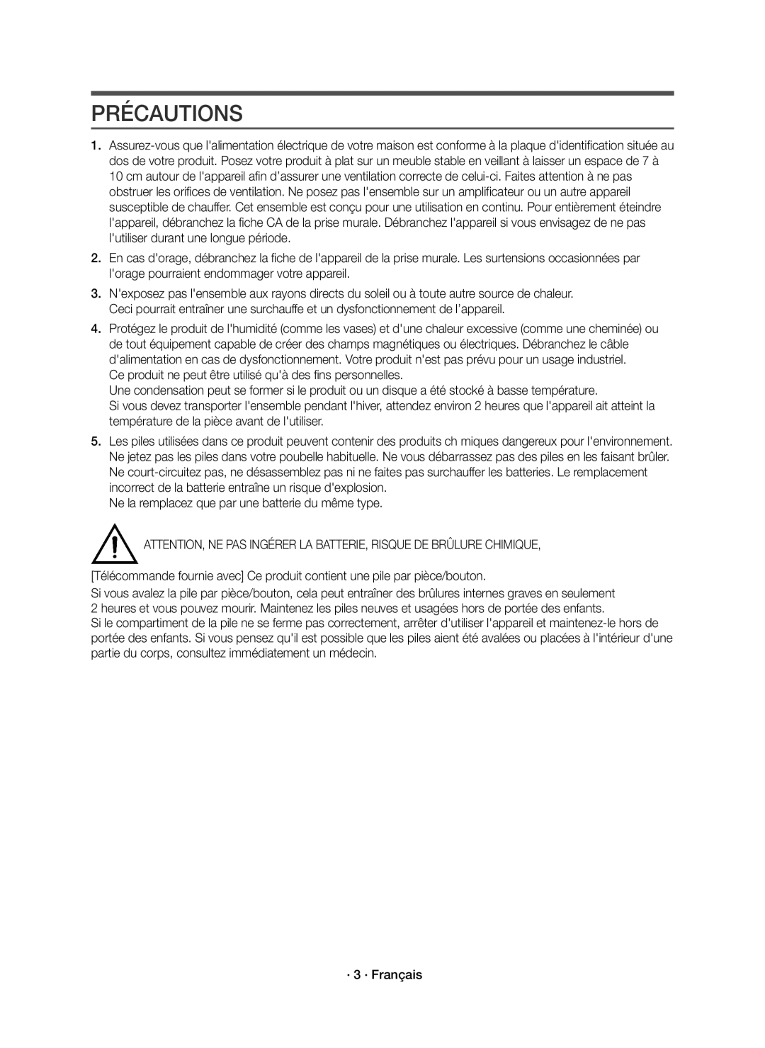 Samsung HW-K335/ZF, HW-K335/ZG manual Précautions 