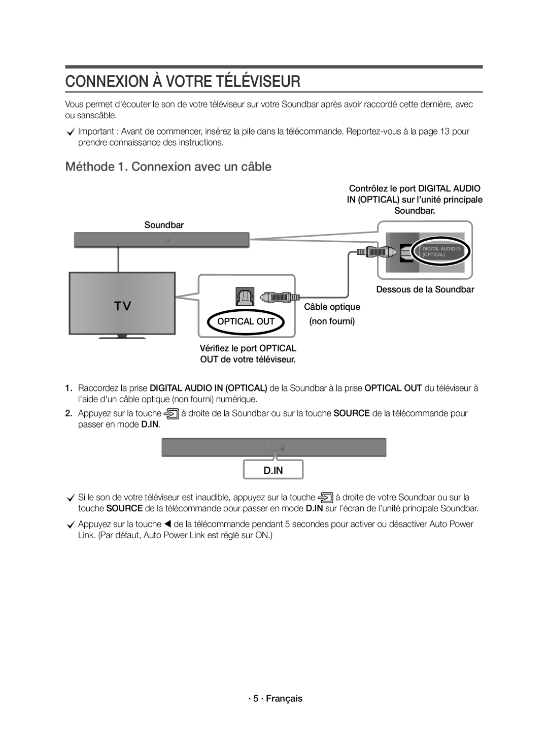 Samsung HW-K335/ZF Connexion À Votre Téléviseur, Méthode 1. Connexion avec un câble, Dessous de la Soundbar Câble optique 