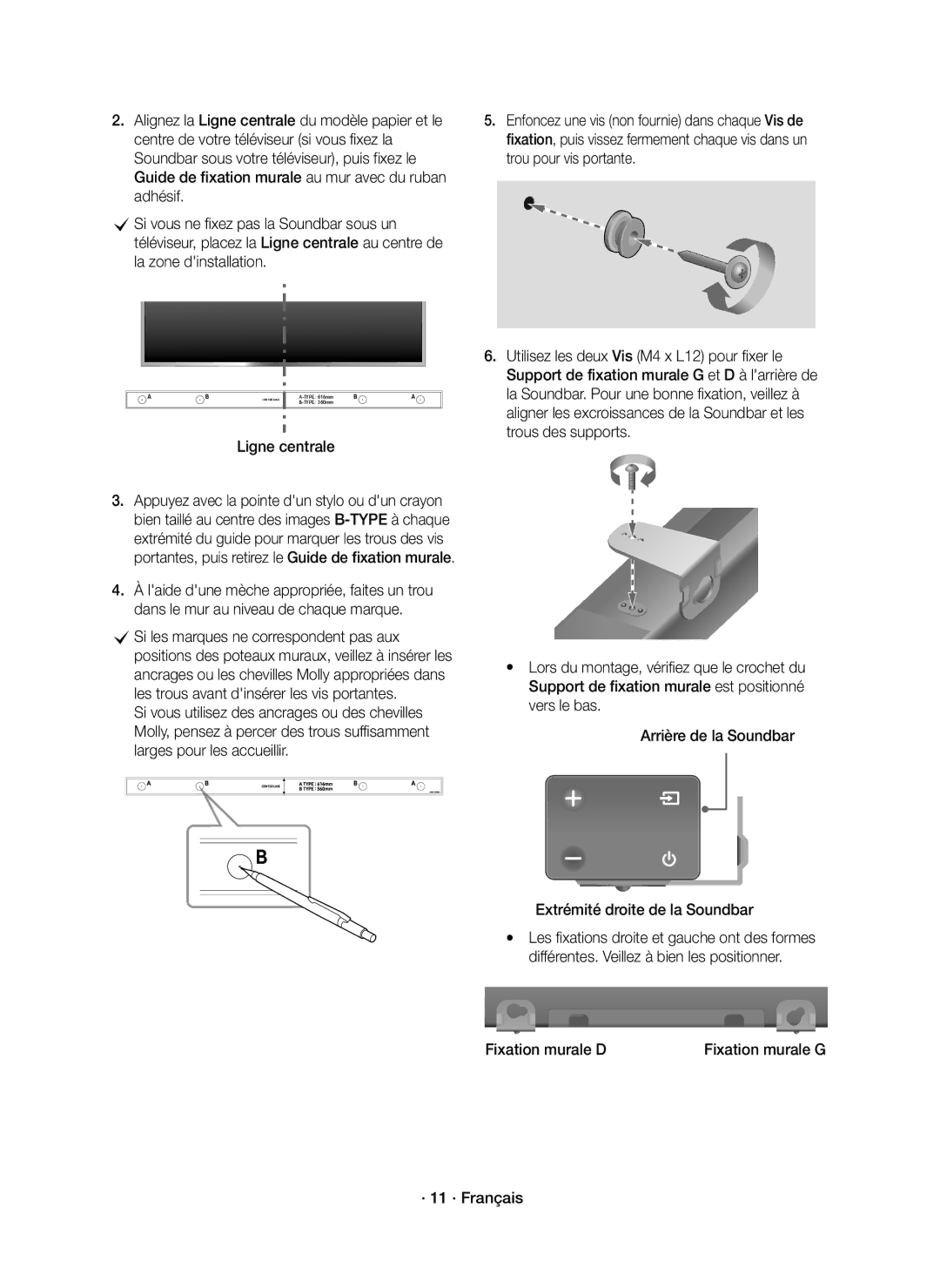 Samsung HW-K335/ZF, HW-K335/ZG manual Fixation murale D Fixation murale G · 11 · Français 