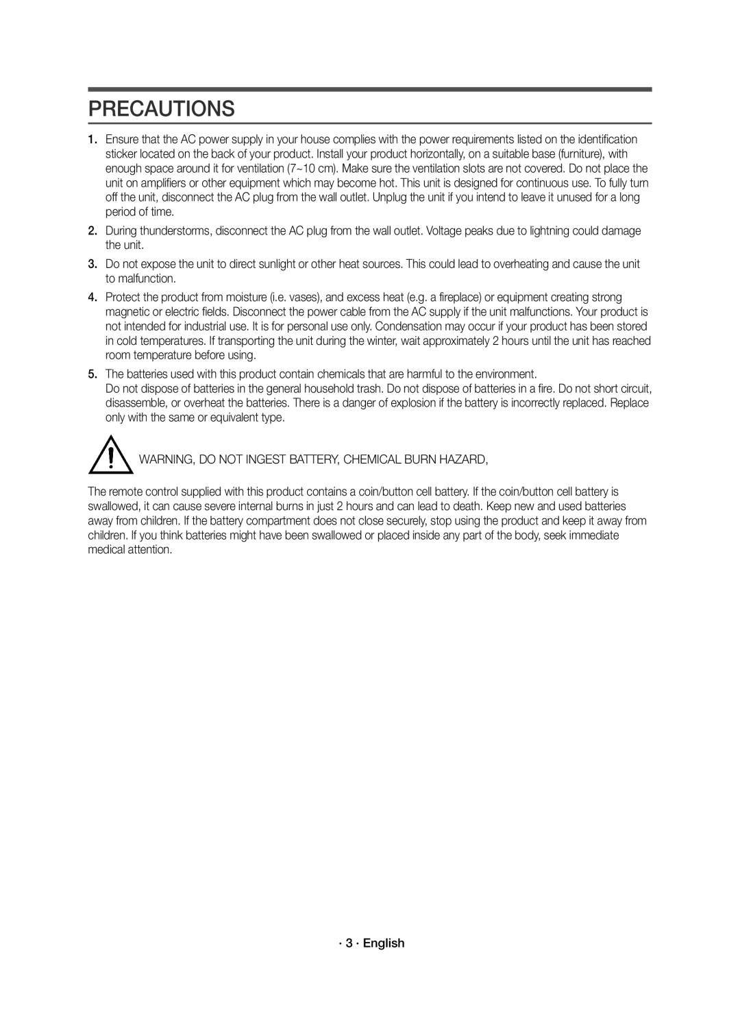 Samsung HW-K335/ZF, HW-K335/ZG manual Precautions 