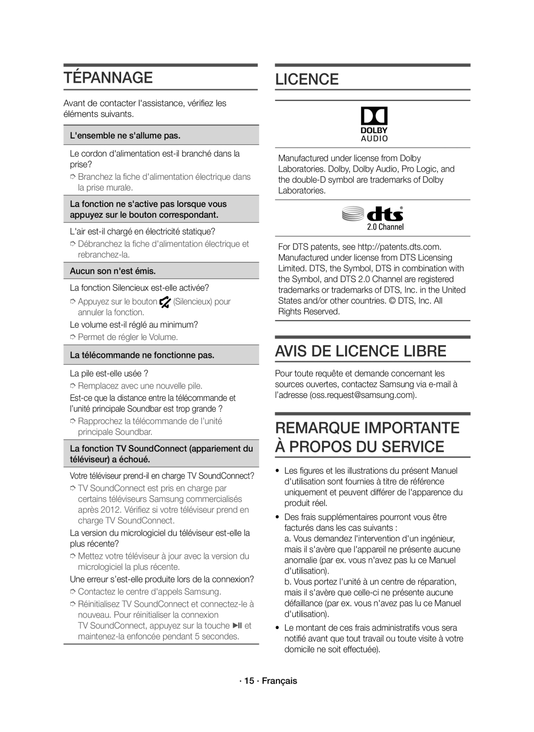 Samsung HW-K335/ZF, HW-K335/ZG manual Tépannage, Avis DE Licence Libre, Lair est-il chargé en électricité statique? 