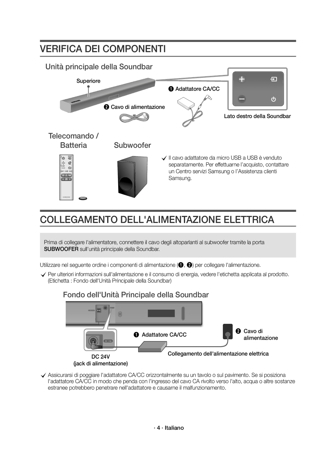 Samsung HW-K335/ZG Verifica DEI Componenti, Collegamento Dellalimentazione Elettrica, Unità principale della Soundbar 