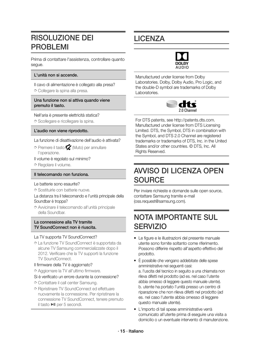 Samsung HW-K335/ZF, HW-K335/ZG Risoluzione DEI Problemi, Avviso DI Licenza Open Source, Nota Importante SUL Servizio 