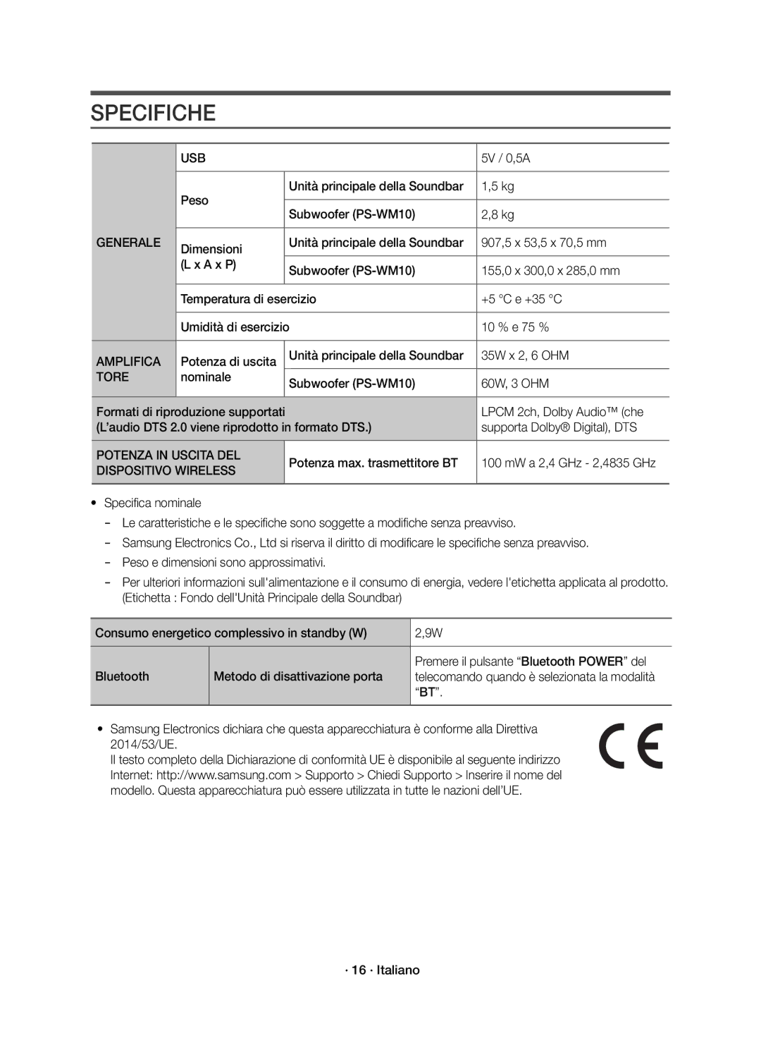 Samsung HW-K335/ZG, HW-K335/ZF manual Specifiche 