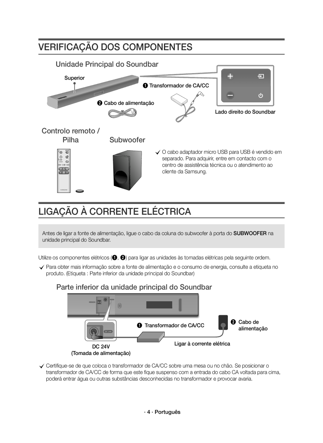 Samsung HW-K335/ZG, HW-K335/ZF Verificação DOS Componentes, Ligação À Corrente Eléctrica, Unidade Principal do Soundbar 