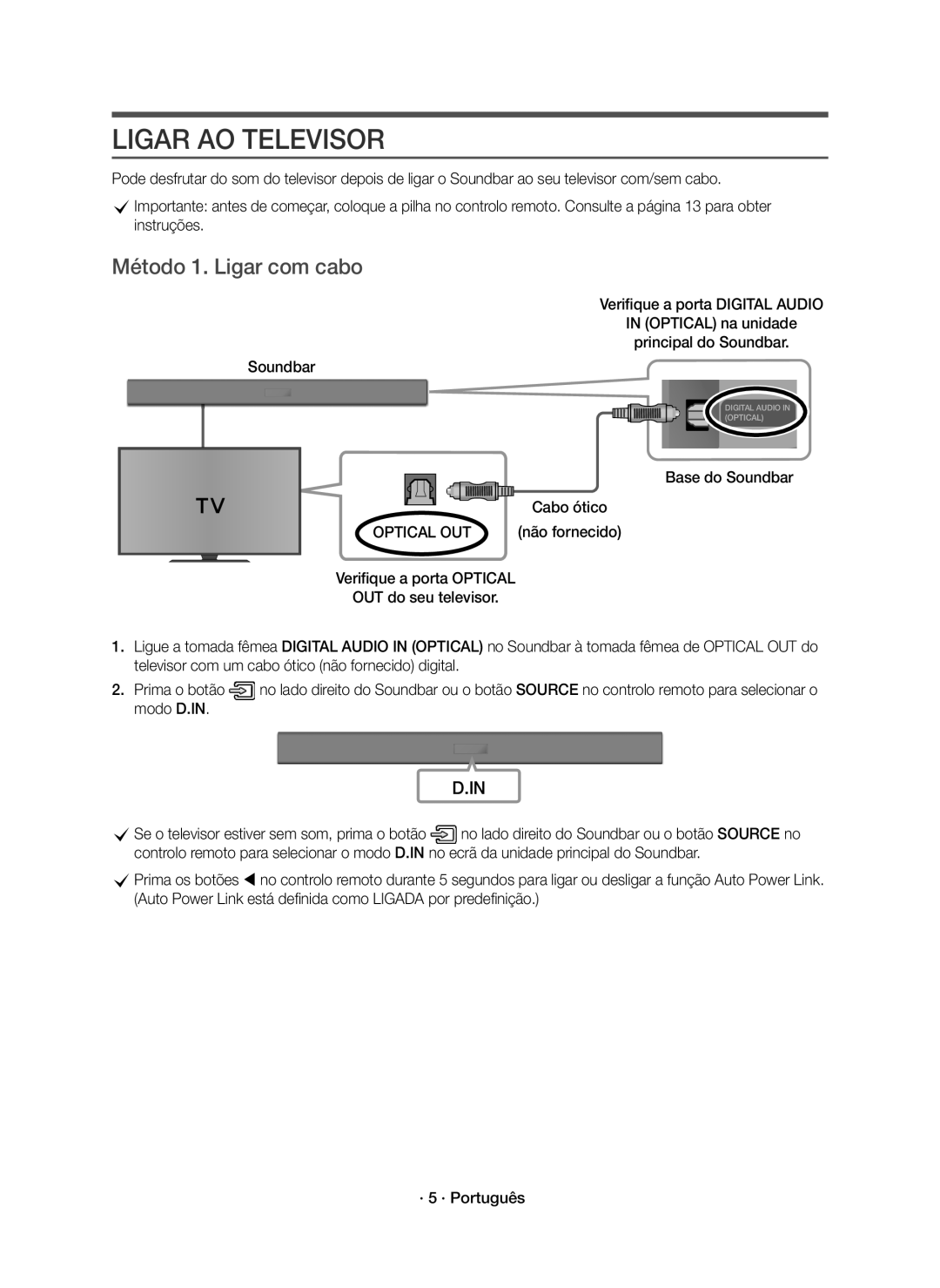 Samsung HW-K335/ZF, HW-K335/ZG manual Ligar AO Televisor, Método 1. Ligar com cabo, Base do Soundbar Cabo ótico 