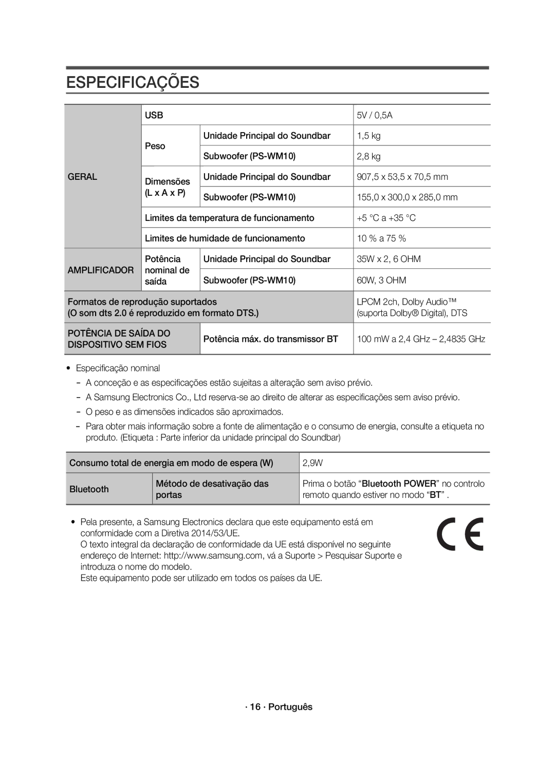 Samsung HW-K335/ZG, HW-K335/ZF manual Especificações, Geral, Amplificador, Potência DE Saída do, Dispositivo SEM Fios 