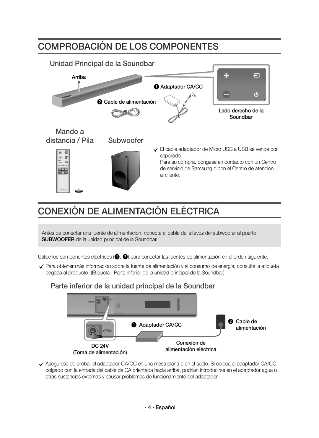 Samsung HW-K335/ZG Comprobación DE LOS Componentes, Conexión DE Alimentación Eléctrica, Unidad Principal de la Soundbar 