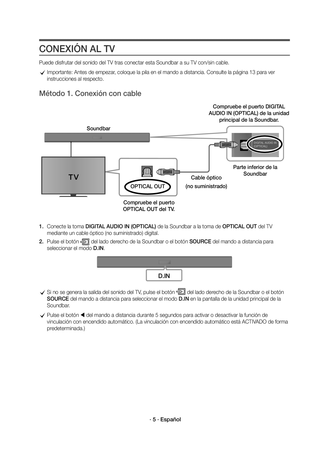 Samsung HW-K335/ZF, HW-K335/ZG Conexión AL TV, Método 1. Conexión con cable, Parte inferior de la Cable óptico Soundbar 