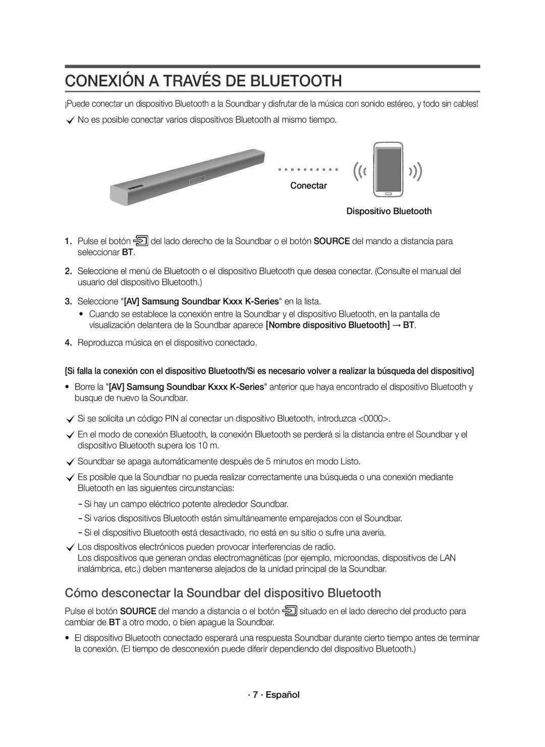 Samsung HW-K335/ZF Conexión a Través DE Bluetooth, Cómo desconectar la Soundbar del dispositivo Bluetooth, · 7 · Español 